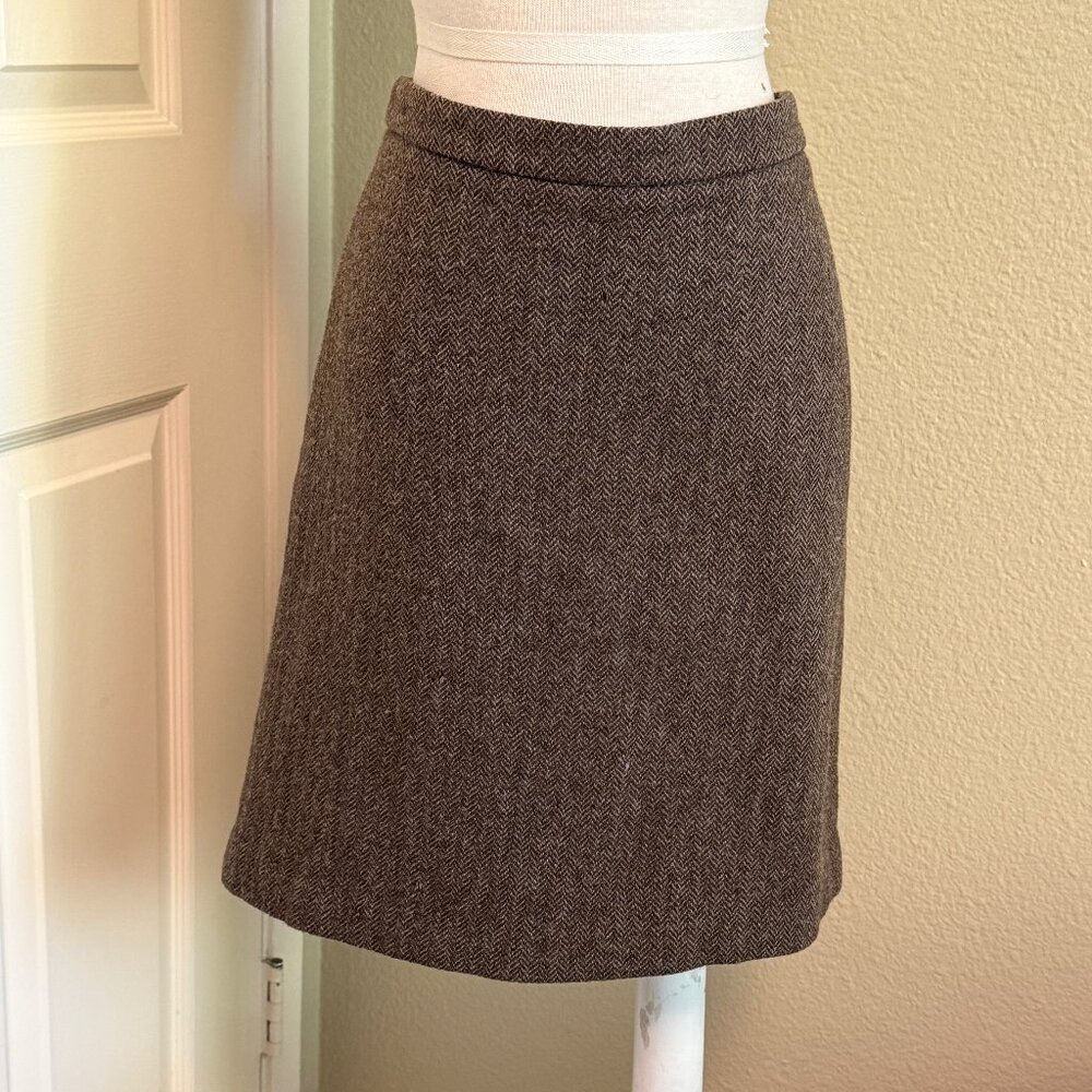 French Connection Wool Pencil Skirt Brown Herringbone Tweed 12